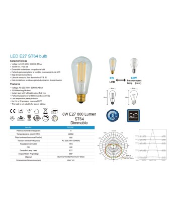 BOMBILLA LED VINTAGE ST64 - E27 - 8W - 2200K - DIMABLE